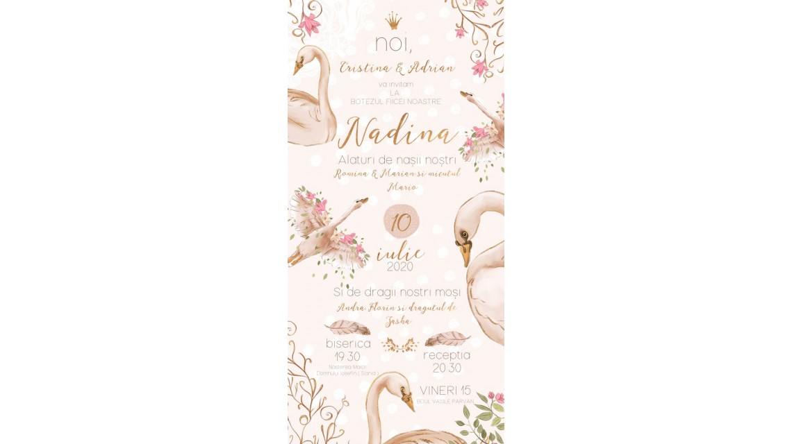 Invitație digitală botez fetiță Lebede și accente gold Invitație electronică personalizată 1